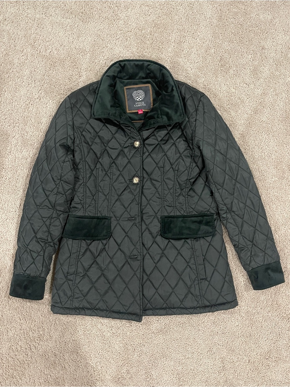 Vince Camuto Quilted Black Puffer Jacket with Velvet Trim